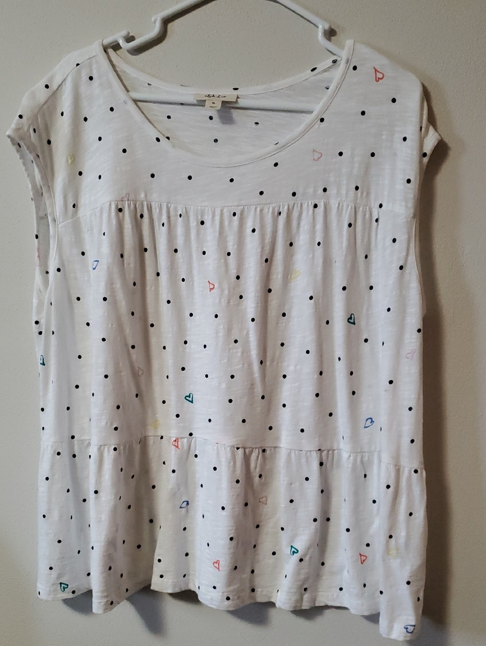 Style & Co. White Polka Dot Tiered Top with Multicolor Hearts